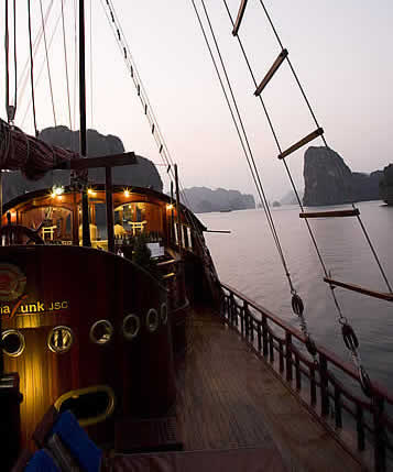 Red Dragon Junk, Halong Bay, Vietnam - deck view Red Dragon Junk, Halong Bay, Vietnam - deck view
