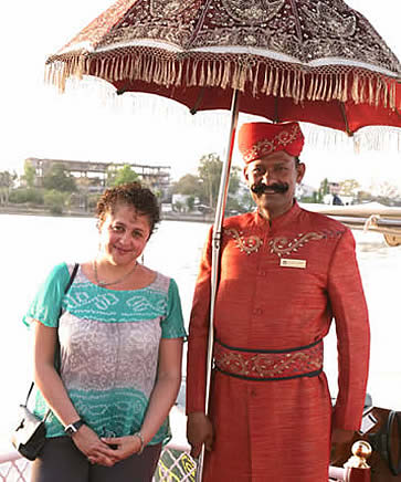 India, Udaipur, Taj Lake Hotel, doorman with Denise Hummel, photographer Steven Hummel